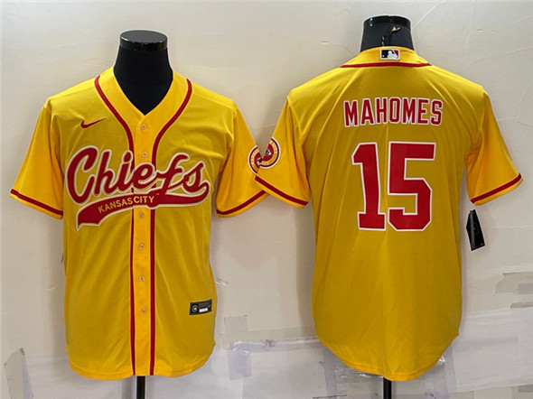 Men's Kansas City Chiefs #15 Patrick Mahomes Gold With Patch Cool Base Stitched Baseball Baseball Jersey